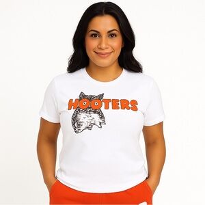 Hooters White Logo T-Shirt with “Hooters Makes You Happy”in all sizes